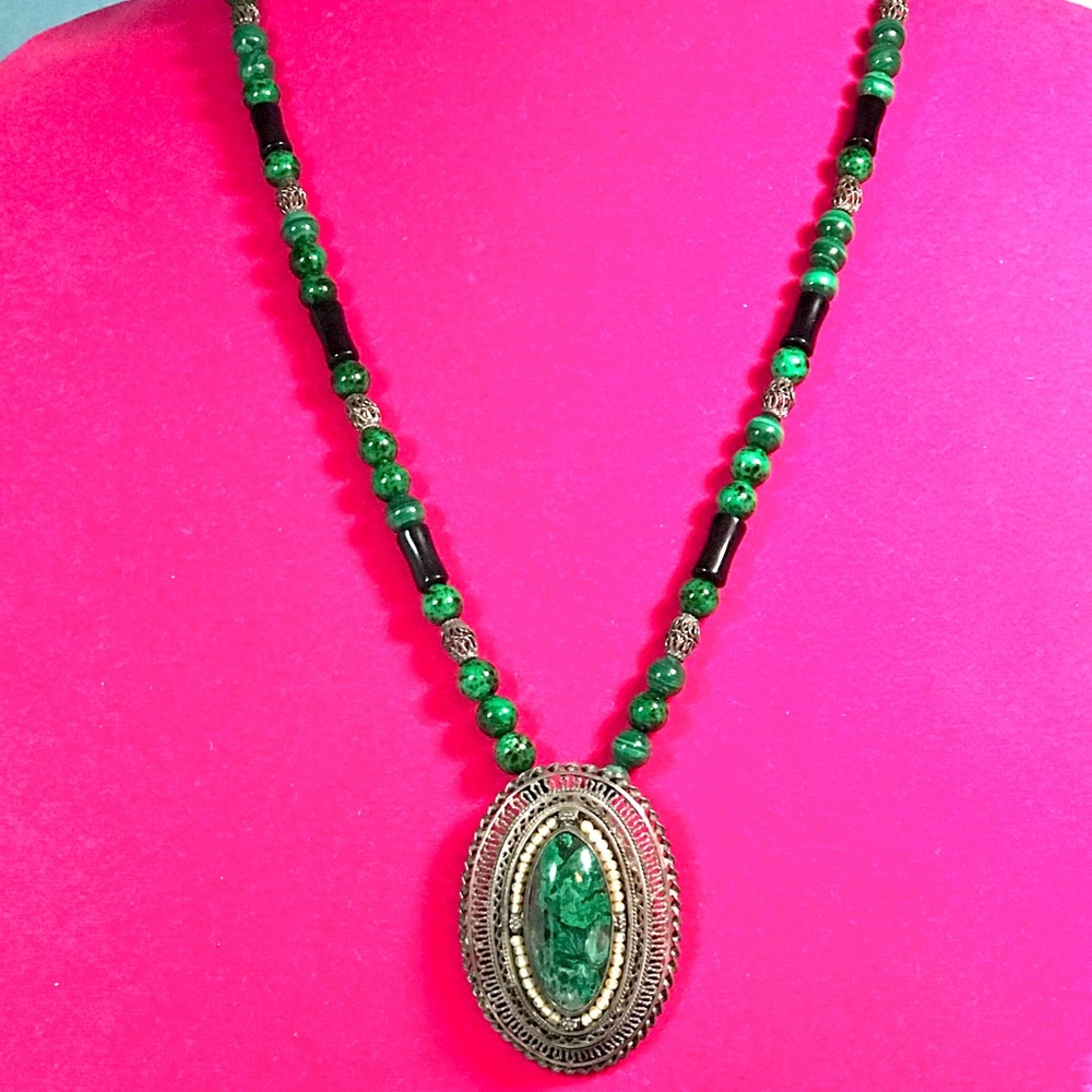 Sterling Malachite Necklace Vintage Pendant